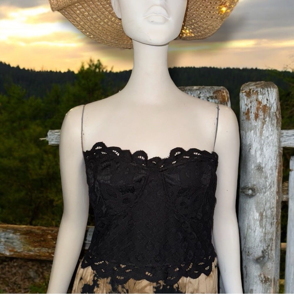 Anthropologie Black and Tan Faded Rose Strapless Maxi Dress - Picture 14 of 16